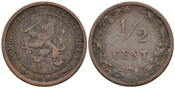Нидерланды 1/2 цента 1906 Вильгельмина (1890-1948) KM 133 бронза 4576-331