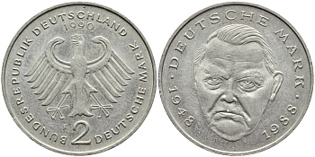 ФРГ 2 МАРКИ 1990 F, ЭРХАРД ЛЮДВИГ КМ 170 J.445 медно-никель плакированный никелем 80-553