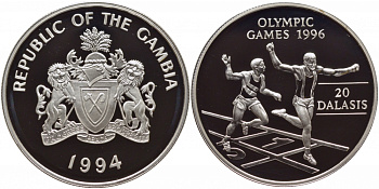 Гамбия 20 даласи 1994 Олимпийские игры 1996 года в Атланте, бег KM 47 серебро PROOF 1081-5-41