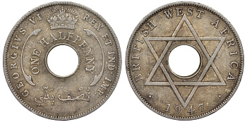 Британская Западная Африка 1/2 пенни 1947 H, Георг VI KM 18 медно-никель 25-1444