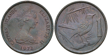 Каймановы острова 1 цент 1972 Елизавета II (1952-2022), кайманов дрозд КМ 1 бронза 4154-169