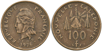 Французская Новая Каледония 100 франков 1976 хижина среди сосен и пальм, (IEOM) KM 15, Schoen 16, Lec 130 никель латунь 4137-545