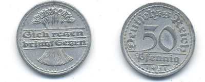 ГЕРМАНИЯ 50 ПФЕННИГОВ 1921 A KM 27, J. 301 алюминий 58-437