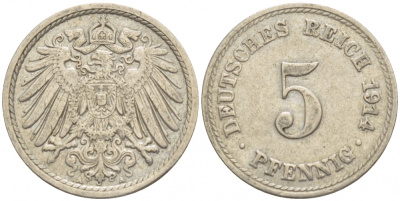 ГЕРМАНИЯ 5 ПФЕННИГОВ 1914 A, KM 11, J. 12 медно-никель 4532-544