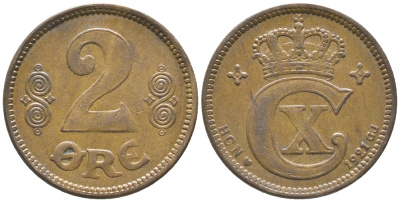 ДАНИЯ 2 ЭРЕ 1921 N ; GJ, КРИСТИАН X (1912-1947) KM 813.2 бронза 34-515