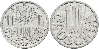 АВСТРИЯ 10 ГРОШЕЙ 1977 KM 2878 алюминий 4396-1064