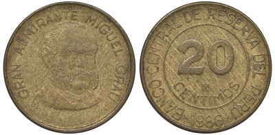 Перу 20 сентимо 1986 Мигель Грау Семинарио KM 294 латунь 4605-531