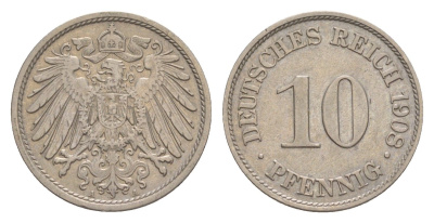 Германия 10 пфеннигов 1908 A, Вильгельм II (1888-1918) KM 12, J. 13 медно-никель 4640-313