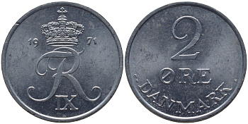 Дания 2 эре 1971 C; S, Фредерик IX (1947-1972) KM 840.2 цинк 86-1435