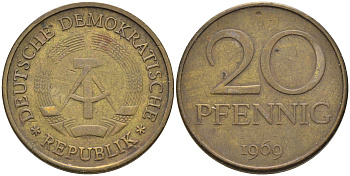ГДР 20 пфеннигов 1969 А, первый год KM 11 латунь 4126-823