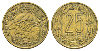 Французская Экваториальная Африка, Камерун 25 франков 1958 KM 12 алюминиевая бронза 4179-525