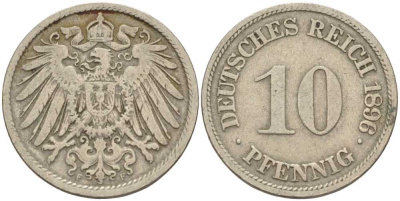 ГЕРМАНИЯ 10 ПФЕННИГОВ 1896 F KM 12, J. 13 медно-никель 4401-1011