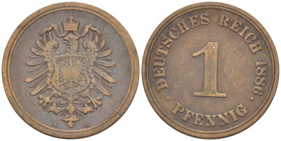 ГЕРМАНИЯ 1 ПФЕННИГ 1886 A, СТАРОГЕРБОВКА KM 1, J. 1, Weege 1 медь 206-1051