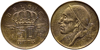 БЕЛЬГИЯ 50 САНТИМОВ 1953 BELGIE KM 145 бронза 4392-758