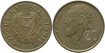 Кипр 20 центов 1989 KM 57.3 никель латунь 4402-157