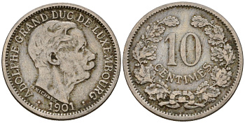 Люксембург 10 сантимов 1901 Адольф (1890-1905) KM 25 медно-никель 4602-441