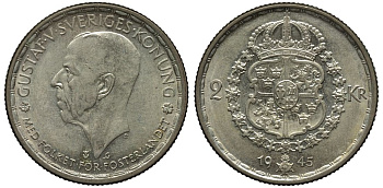 Швеция 2 кроны 1945 G, Густав V (1907-1950) KM 815 серебро 221-614