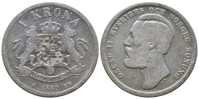 Швеция 1 крона 1880 EB, Оскар II (1872-1907) король Швеции и Норвегии KM 747 серебро 4178-436