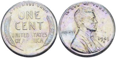 США 1 цент 1943 S (Сан-Франциско), Авраам Линкольн KM 132 a сталь плакированная цинком 39-129