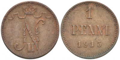 РОССИЯ ДЛЯ ФИНЛЯНДИИ 1 ПЕННИ 1915 НИКОЛАЙ II KM 13, Биткин 475 медь 261-1136