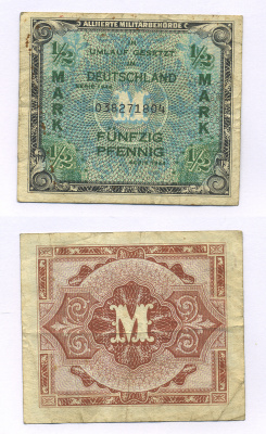 ГЕРМАНИЯ 1/2 МАРКИ 1944 9 ЦИФР В НОМЕРЕ, ОККУПАЦИЯ ГЕРМАНИИ, ВТОРАЯ МИРОВАЯ ВОЙНА Pick 191а бумага 6300-13-1-2