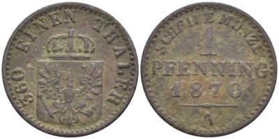 ПРУССИЯ 1 ПФЕННИГ 1870 А, ВИЛЬГЕЛЬМ I (1861-1888) KM 480 медь 201-557