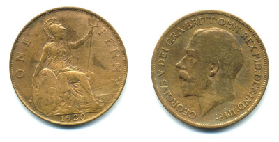 Великобритания 1 пенни 1920 Георг V (1910-1936) KM 810, Spink 4051 бронза 23-1355