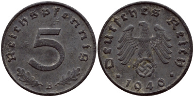 ГЕРМАНИЯ 5 РЕЙХСПФЕННИГОВ 1940 B, KM 100, J. 370 цинк 4387-1259