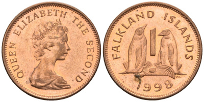 Фолклендские острова 1 пенни 1998 Елизавета II (1952-2022), папуанский пингвин KM 2 a сталь плакированная медью 220-915