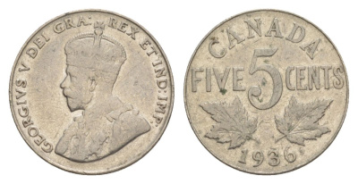Канада 5 центов 1936 Георг V (1910-1936) KM 29 никель 4630-642
