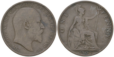 Великобритания 1 пенни 1902 Эдуард VII (1901-1910) KM 794.2, Spink 3990 бронза 221-1226