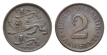 Эстония 2 сентов 1934 год-тип KM 15 бронза 35-1365