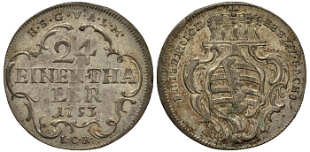 САКСЕН-ГОТА-АЛЬТЕНБУРГ 1/24 ТАЛЕРА 1753 LCK, KM 16, Steguweit 244 серебро 413-2422