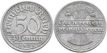 ГЕРМАНИЯ 50 ПФЕННИГОВ 1921 F KM 27, J. 301, Weege 10 алюминий 175-135
