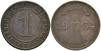 Германия 1 рейхспфенниг 1934 A KM 37, J. 313 бронза 4189-1229