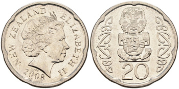 Новая Зеландия 20 центов 2008 Елизавета II (1952-2022), идол Пукаки KM 118а никелированная сталь 4579-1235