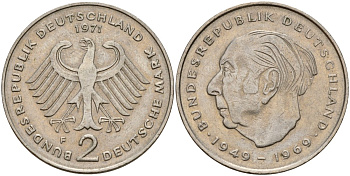 ФРГ 2 марки 1971 F, Конрад Аденауэр KM 124, J. 406 медно-никель 4159-1212