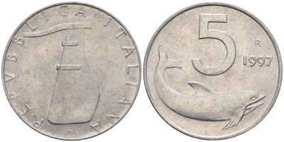 Италия 5 лир 1997 R, дельфин KM 92 алюминий  UNC  4594-664