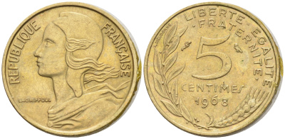 Франция 5 сантимов 1968 тип Марианна KM 933 никель алюминий медь    4594-1125