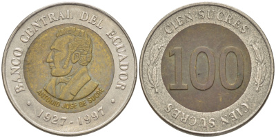 ЭКВАДОР 100 СУКРЕ 1997 АНТОНИО ХОСЕ де СУКРЕ, 70 ЛЕТ ЦЕНТРАЛЬНОМУ БАНКУ KM 101 биметалл 66-925