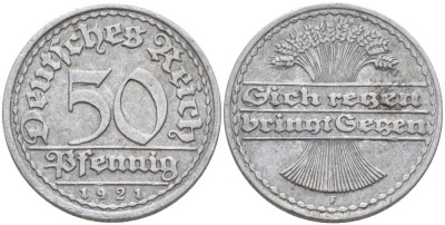 ГЕРМАНИЯ 50 ПФЕННИГОВ 1921 F KM 27, J. 301, Weege 10 алюминий 175-135