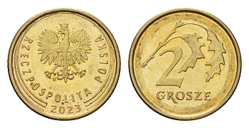 Польша 2 гроша 2023 KM 924 сталь плакированная латунью UNC 4685-627