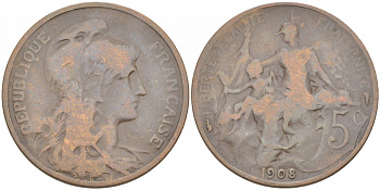 ФРАНЦИЯ 5 САНТИМОВ 1908 ТИП ДАНИЭЛЬ ДЮПЮИ KM 842, LE FRANC 119.19 бронза 77-246