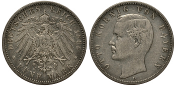 Бавария 5 марок 1898 D, Отто (1886-1913) Weege 47, J. 46, KM 512.1 серебро 3711-1423