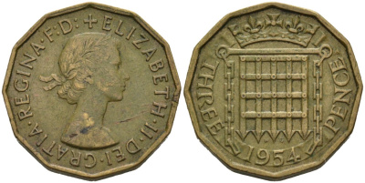 Великобритания 3 пенса 1954 Елизавета II (1952-2022) KM 900, Spink 4153 никель латунь 4561-1022