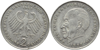 ФРГ 2 марки 1983 J, Конрад Аденауэр KM 124, J. 406 медно-никель плакированный никелем 4606-1156