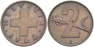 Швейцария 2 раппена 1968 В KM 47 бронза 4577-417