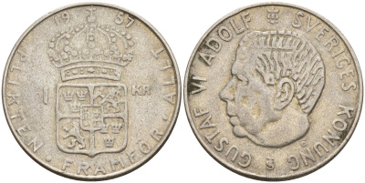 Швеция 1 крона 1957 TS, Густав VI Адольф (1950-1973) KM 826 серебро 4148-1155