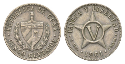 Куба 5 сентаво 1961 звезда, первая Республика (1902-1961) KM 11.3 медно-никель 4623-828