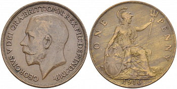 Великобритания 1 пенни 1916 Георг V (1910-1936) КМ 810, Spink 4051 бронза 3996-235